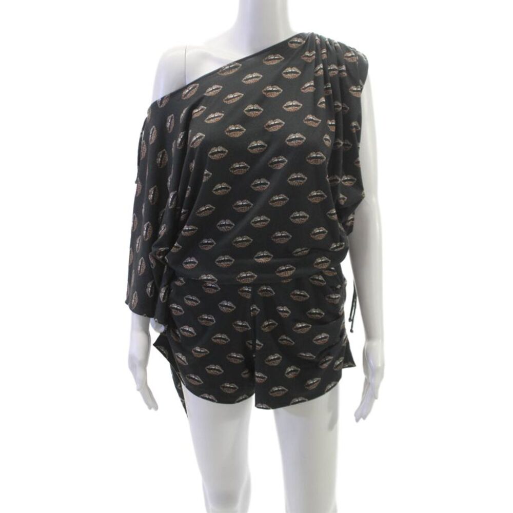 Las Surenas Womens Black Animal Print One Shoulder Romper Size M